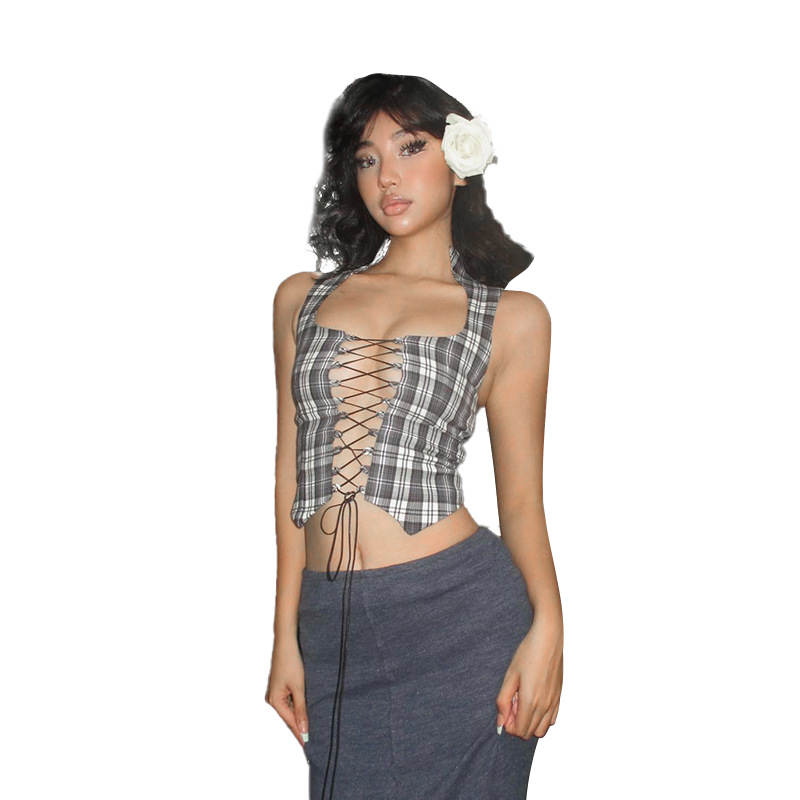 Women's Wrap Crop Top Tank Tops Sexy Plaid display picture 12
