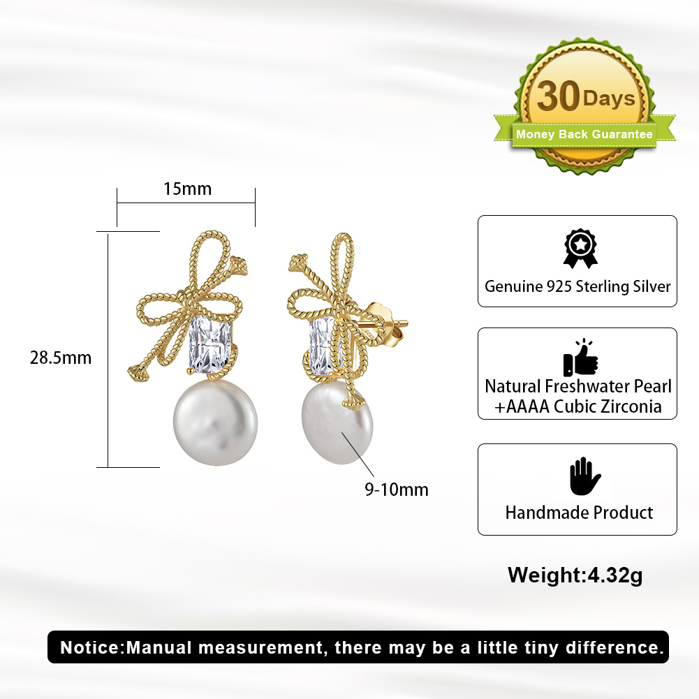 1 Pair Baroque Style Sweet Simple Style Bow Knot Plating Inlay Freshwater Pearl Sterling Silver Freshwater Pearl Zircon Drop Earrings display picture 3
