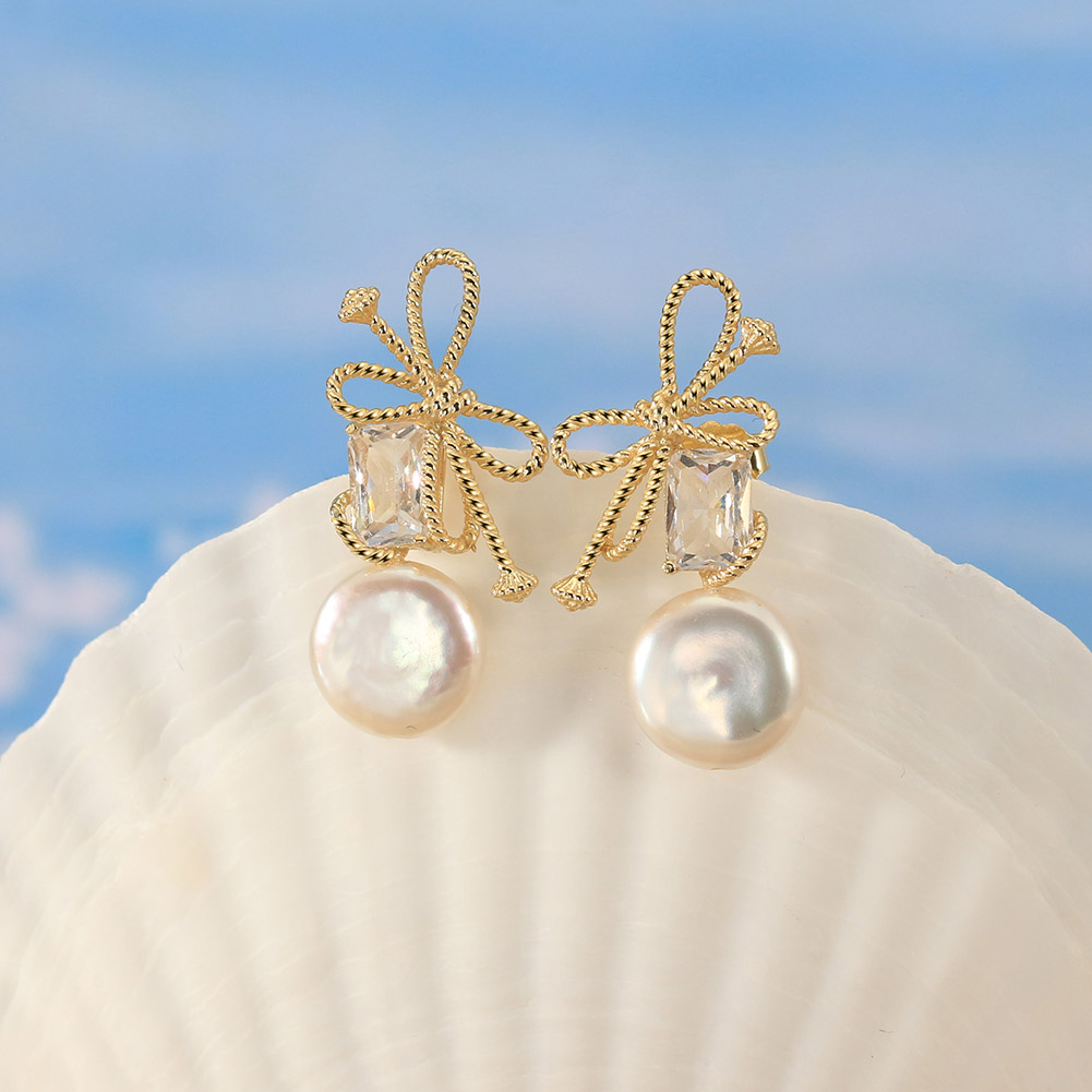 1 Pair Baroque Style Sweet Simple Style Bow Knot Plating Inlay Freshwater Pearl Sterling Silver Freshwater Pearl Zircon Drop Earrings display picture 1