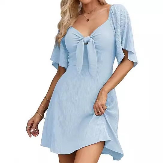 Women's Regular Dress Sexy V Neck Bowknot Short Sleeve Solid Color Above Knee Daily Date display picture 17