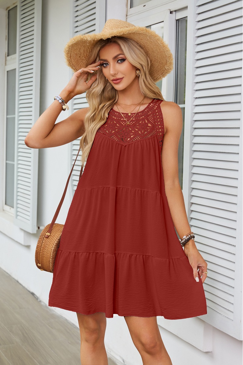 Women's Princess Dress Tea Dress Romantic Round Neck Hollow Lace Sleeveless Solid Color Above Knee Daily Beach display picture 16