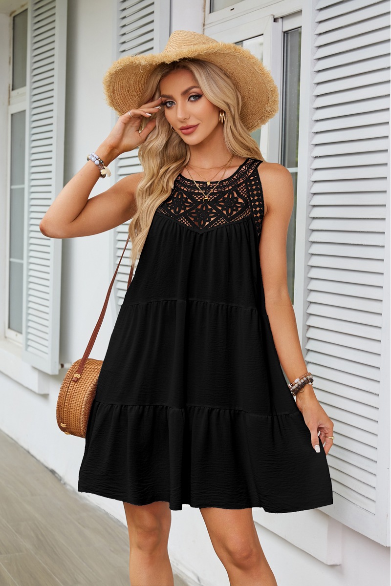 Women's Princess Dress Tea Dress Romantic Round Neck Hollow Lace Sleeveless Solid Color Above Knee Daily Beach display picture 8