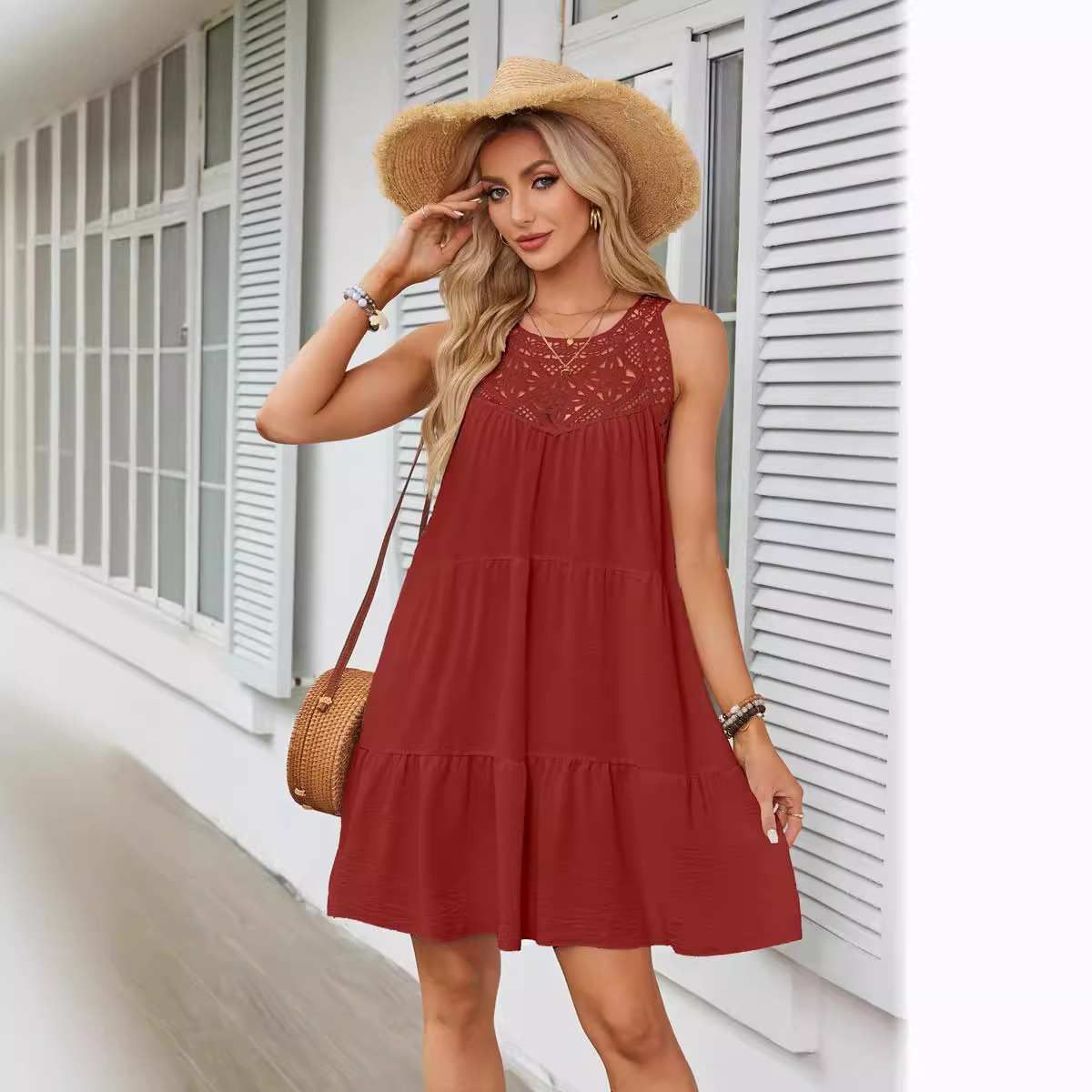 Women's Princess Dress Tea Dress Romantic Round Neck Hollow Lace Sleeveless Solid Color Above Knee Daily Beach display picture 44