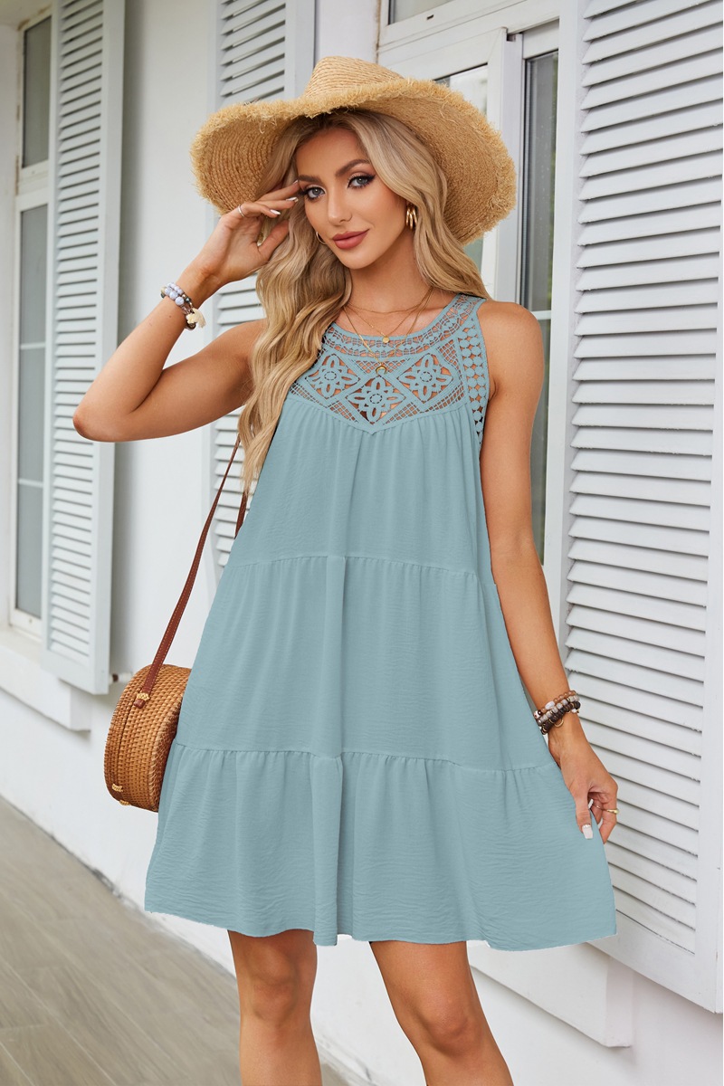 Women's Princess Dress Tea Dress Romantic Round Neck Hollow Lace Sleeveless Solid Color Above Knee Daily Beach display picture 18