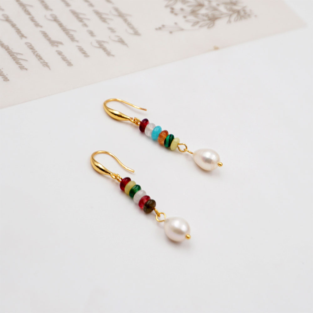 1 Pair Chinoiserie Casual Geometric Beaded Natural Stone Freshwater Pearl Copper Gold Plated Drop Earrings display picture 2