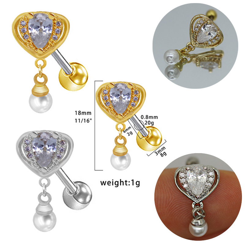 1 Piece Simple Style Commute Heart Shape Plating Inlay 316 Stainless Steel  Copper Artificial Pearls Zircon White Gold Plated Gold Plated Ear Studs Cartilage Earrings display picture 6