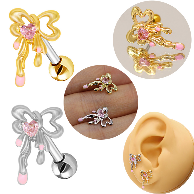 1 Piece Elegant Lady Modern Style Heart Shape Bow Knot Epoxy Plating Inlay 316 Stainless Steel  Copper Zircon White Gold Plated Gold Plated Ear Studs Cartilage Earrings display picture 5