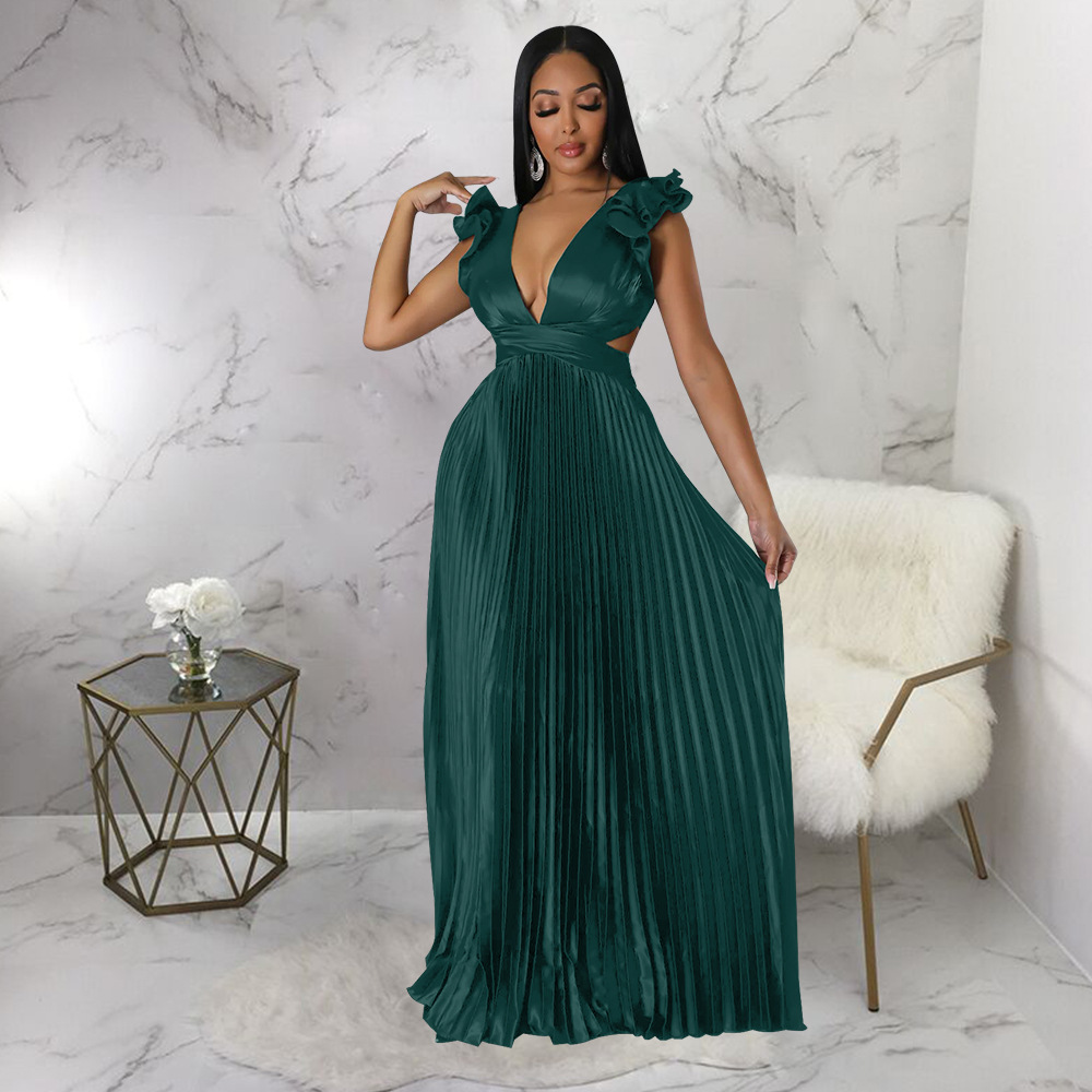 Women's Pleated Skirt Streetwear V Neck Sleeveless Solid Color Maxi Long Dress Street display picture 4