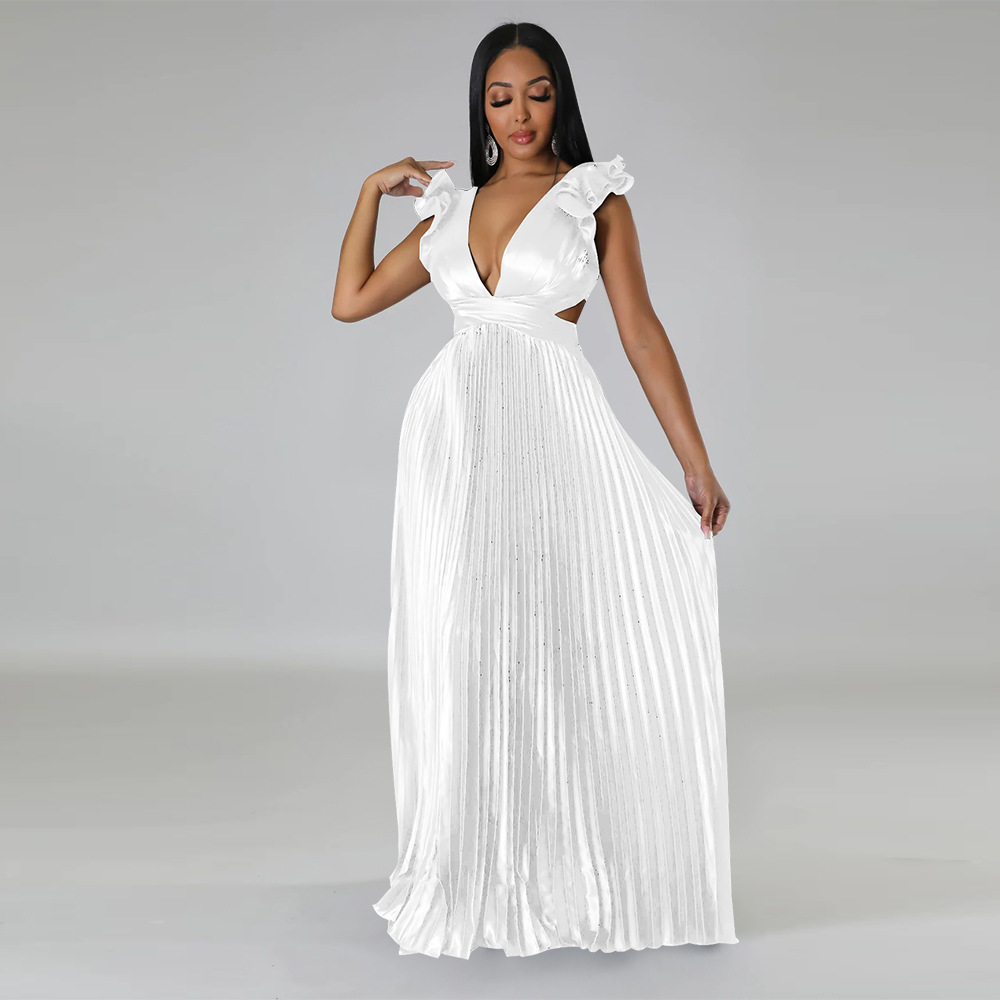 Women's Pleated Skirt Streetwear V Neck Sleeveless Solid Color Maxi Long Dress Street display picture 2