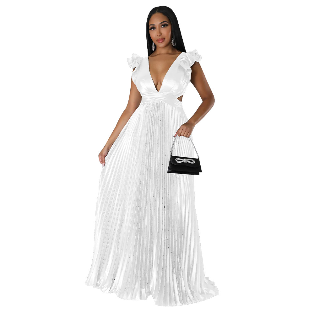 Women's Pleated Skirt Streetwear V Neck Sleeveless Solid Color Maxi Long Dress Street display picture 8