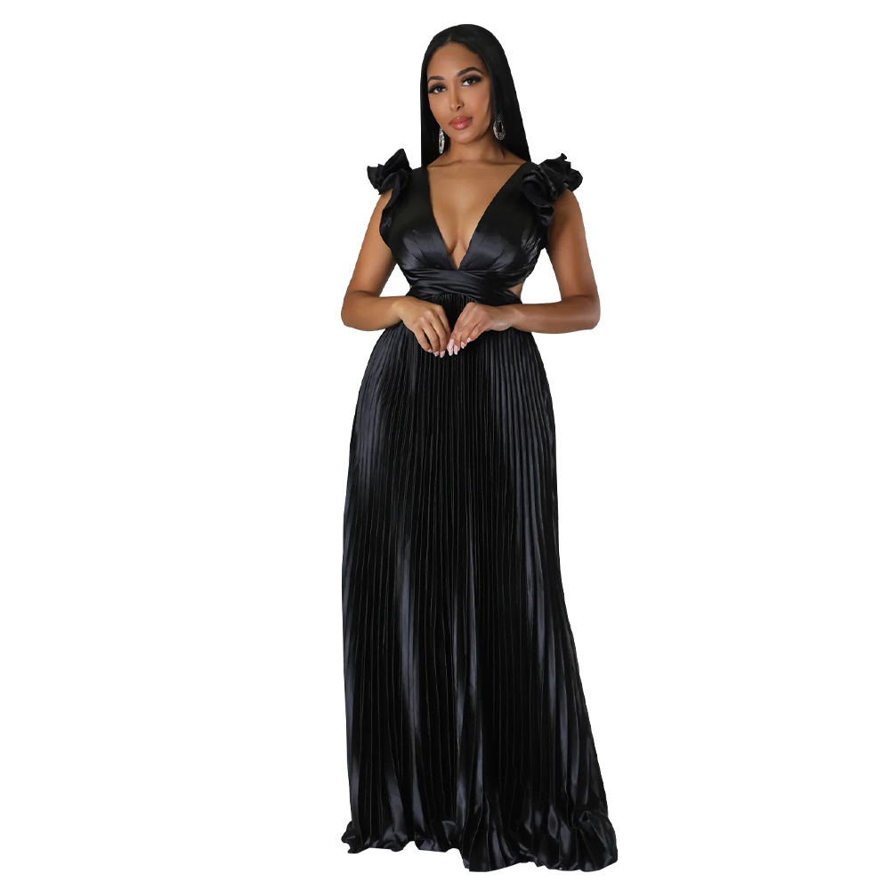 Women's Pleated Skirt Streetwear V Neck Sleeveless Solid Color Maxi Long Dress Street display picture 9