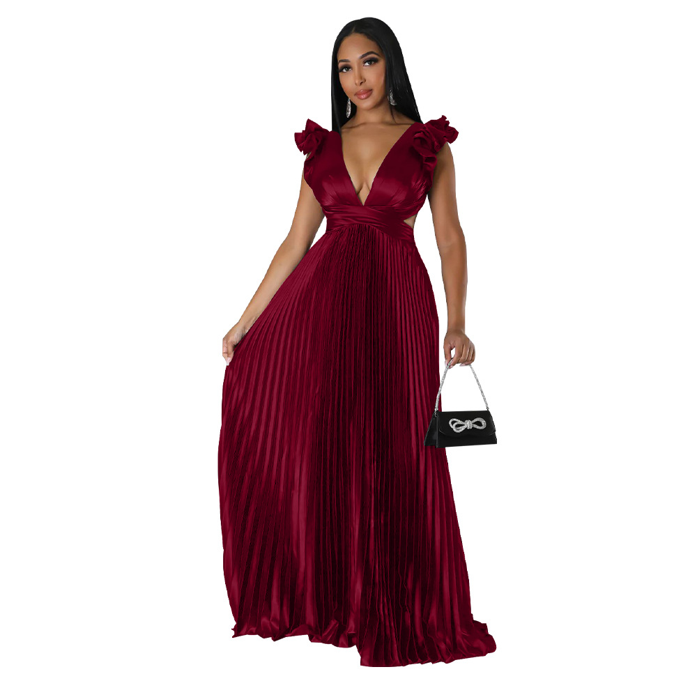 Women's Pleated Skirt Streetwear V Neck Sleeveless Solid Color Maxi Long Dress Street display picture 11