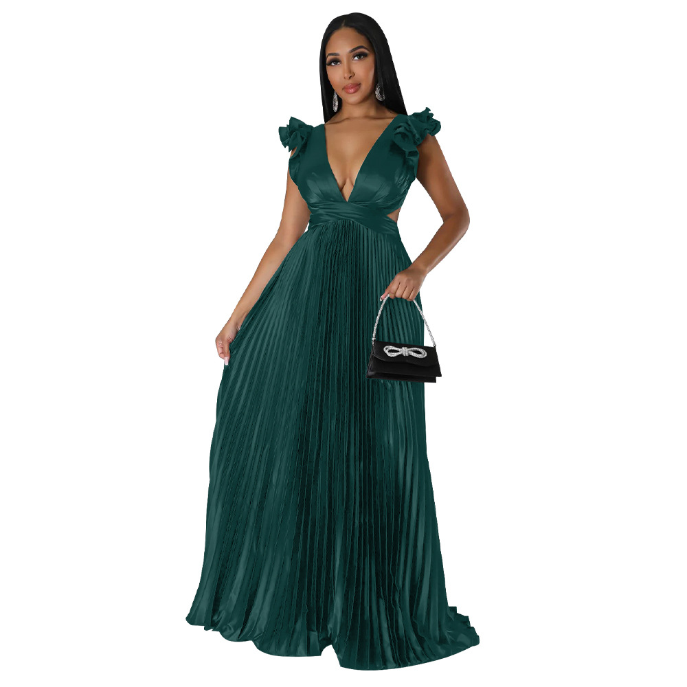 Women's Pleated Skirt Streetwear V Neck Sleeveless Solid Color Maxi Long Dress Street display picture 7