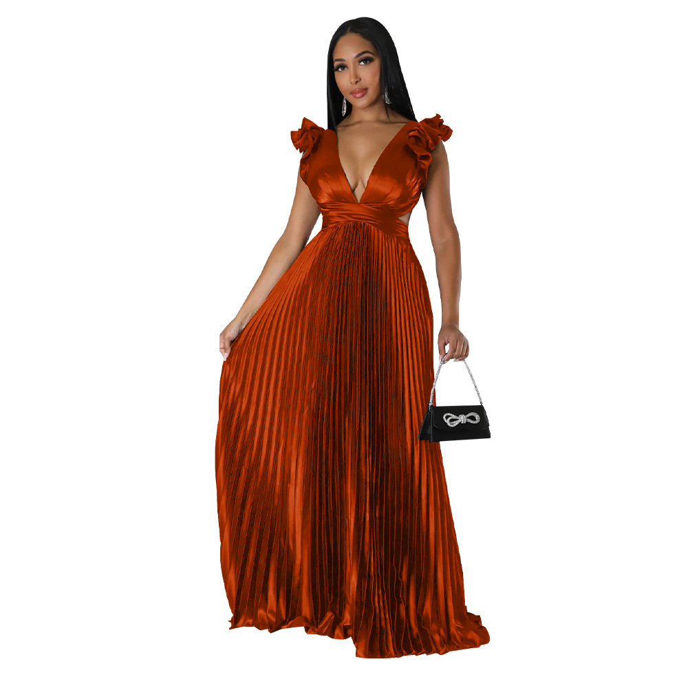 Women's Pleated Skirt Streetwear V Neck Sleeveless Solid Color Maxi Long Dress Street display picture 13