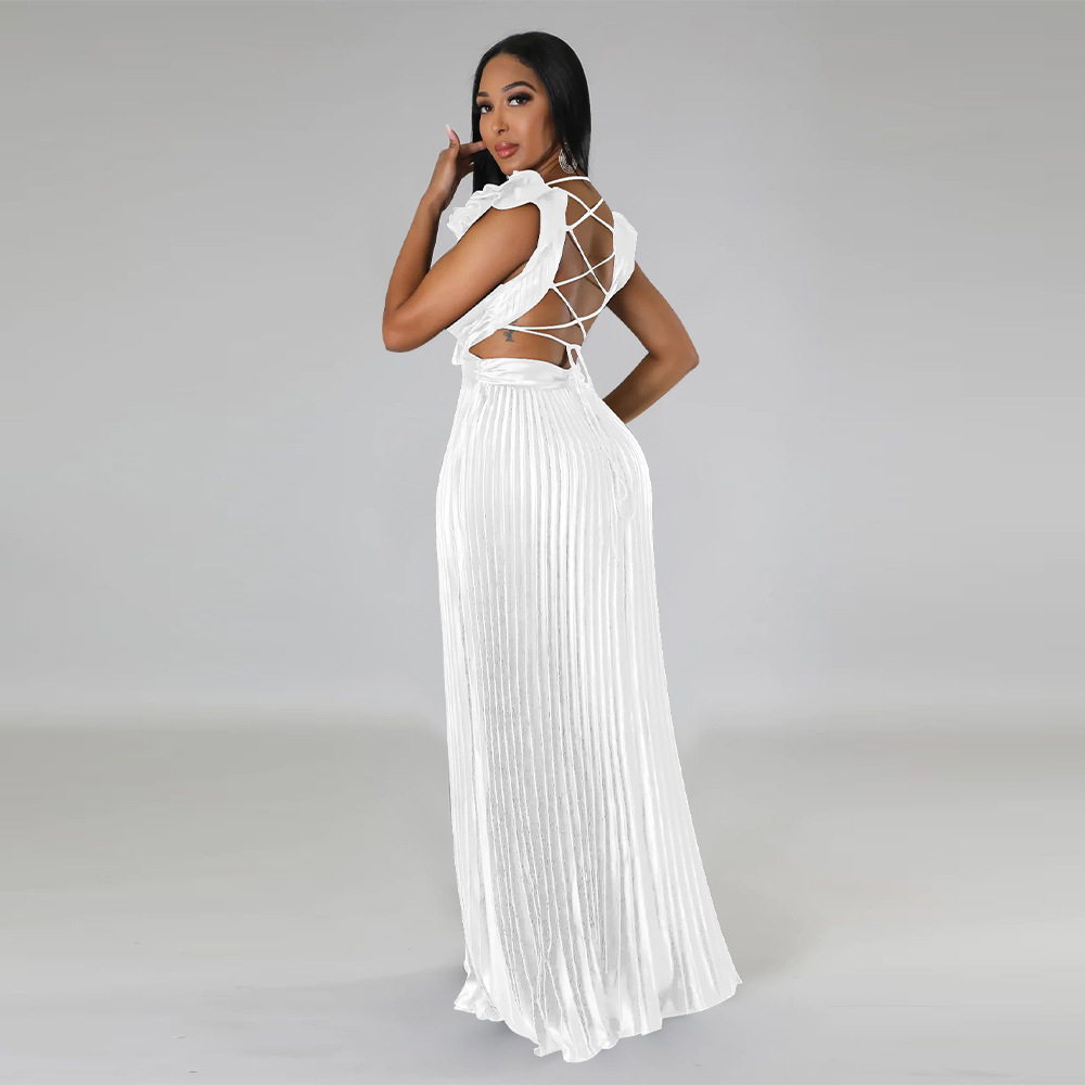 Women's Pleated Skirt Streetwear V Neck Sleeveless Solid Color Maxi Long Dress Street display picture 15