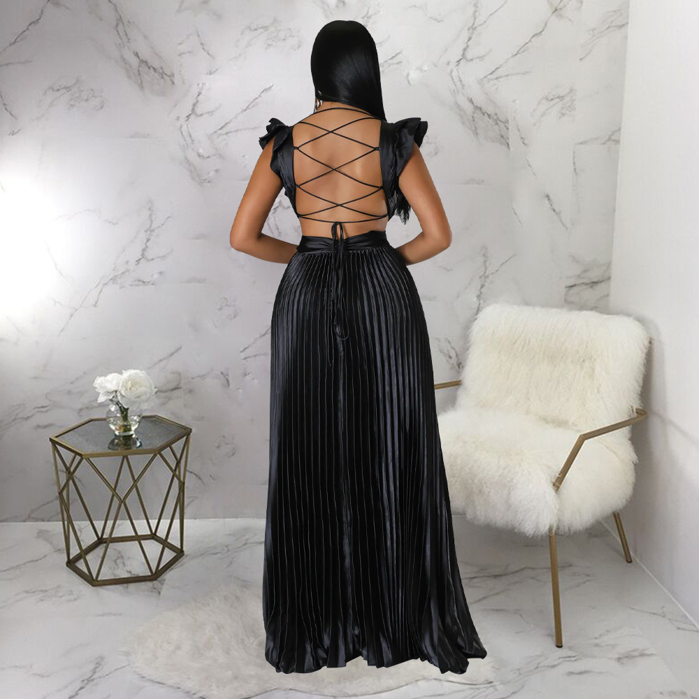 Women's Pleated Skirt Streetwear V Neck Sleeveless Solid Color Maxi Long Dress Street display picture 27