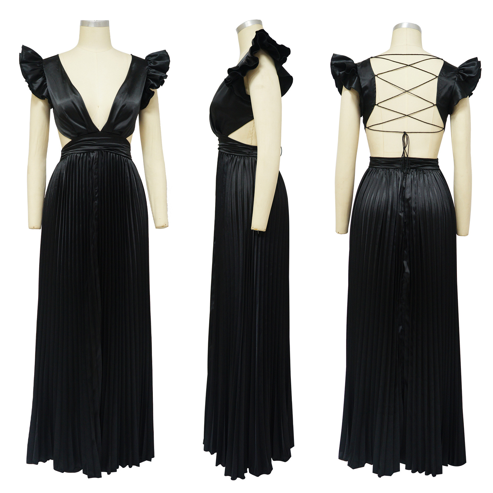 Women's Pleated Skirt Streetwear V Neck Sleeveless Solid Color Maxi Long Dress Street display picture 36