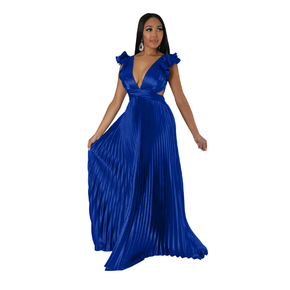 Women's Pleated Skirt Streetwear V Neck Sleeveless Solid Color Maxi Long Dress Street display picture 19