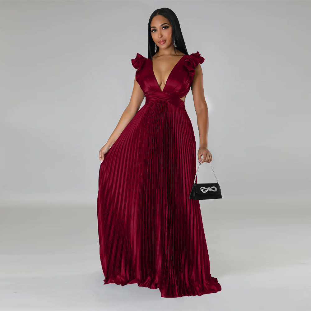 Women's Pleated Skirt Streetwear V Neck Sleeveless Solid Color Maxi Long Dress Street display picture 30