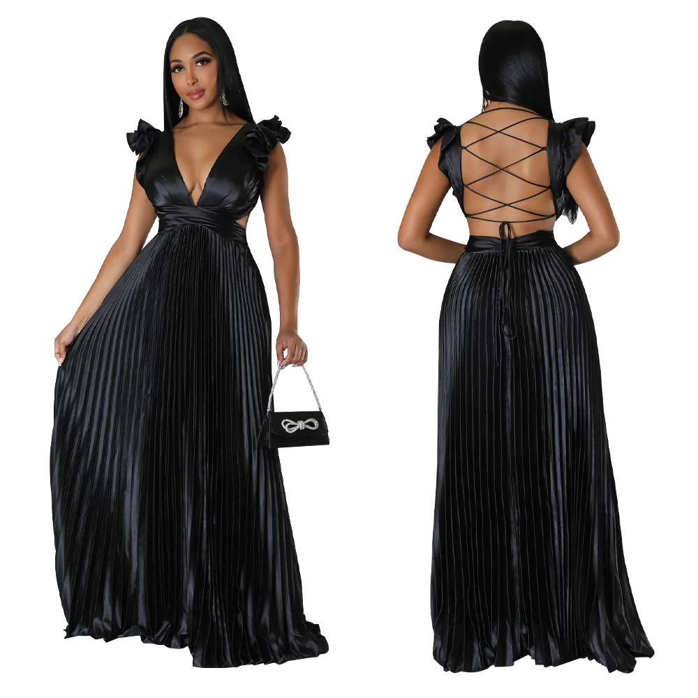 Women's Pleated Skirt Streetwear V Neck Sleeveless Solid Color Maxi Long Dress Street display picture 28