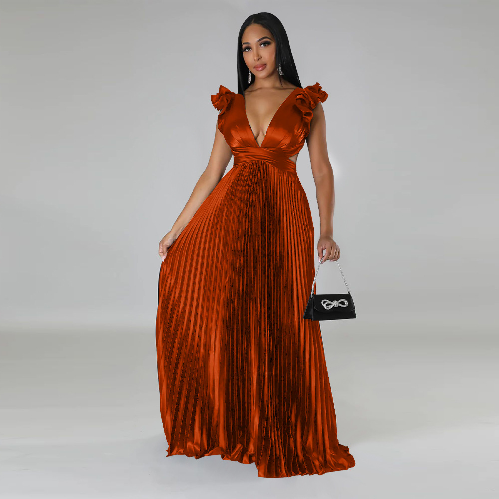 Women's Pleated Skirt Streetwear V Neck Sleeveless Solid Color Maxi Long Dress Street display picture 31