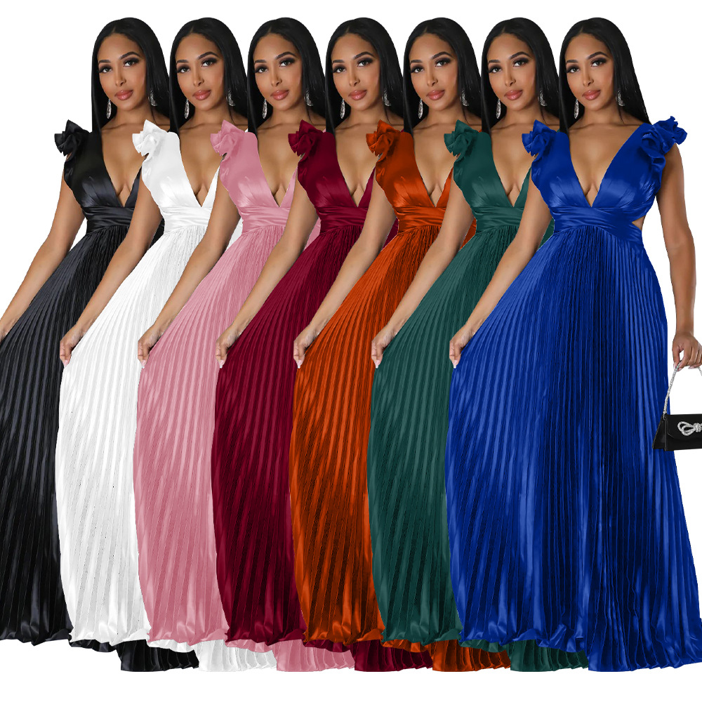 Women's Pleated Skirt Streetwear V Neck Sleeveless Solid Color Maxi Long Dress Street display picture 40