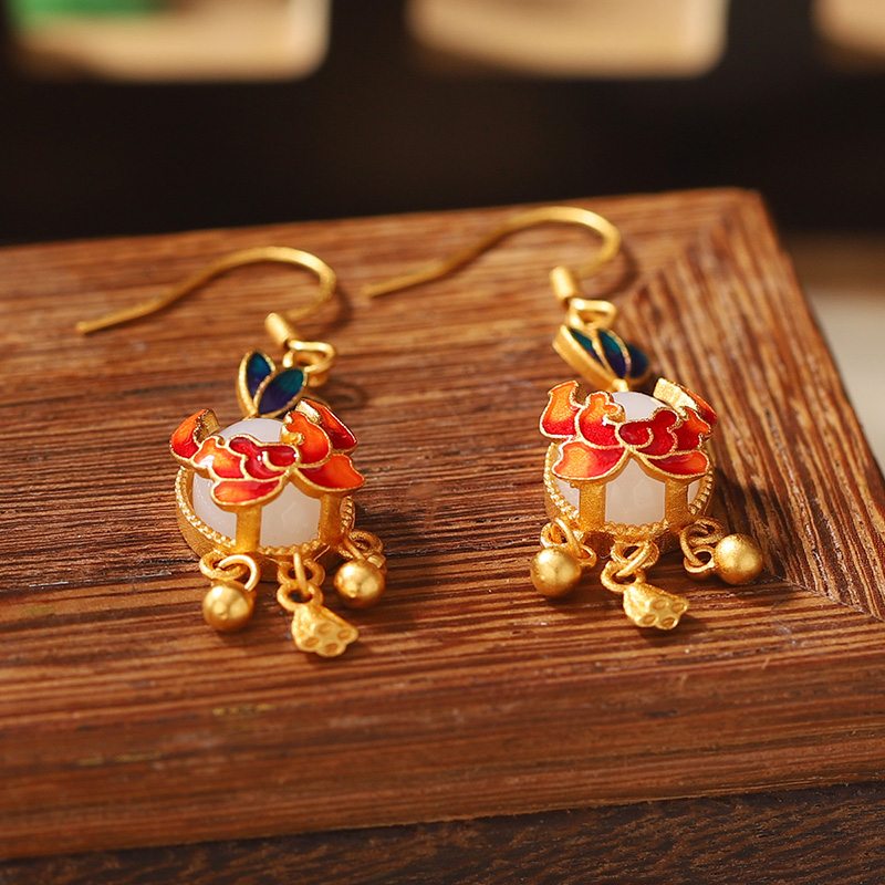 1 Pair Retro Lotus Inlay Copper Rhinestones 24K Gold Plated Drop Earrings display picture 5