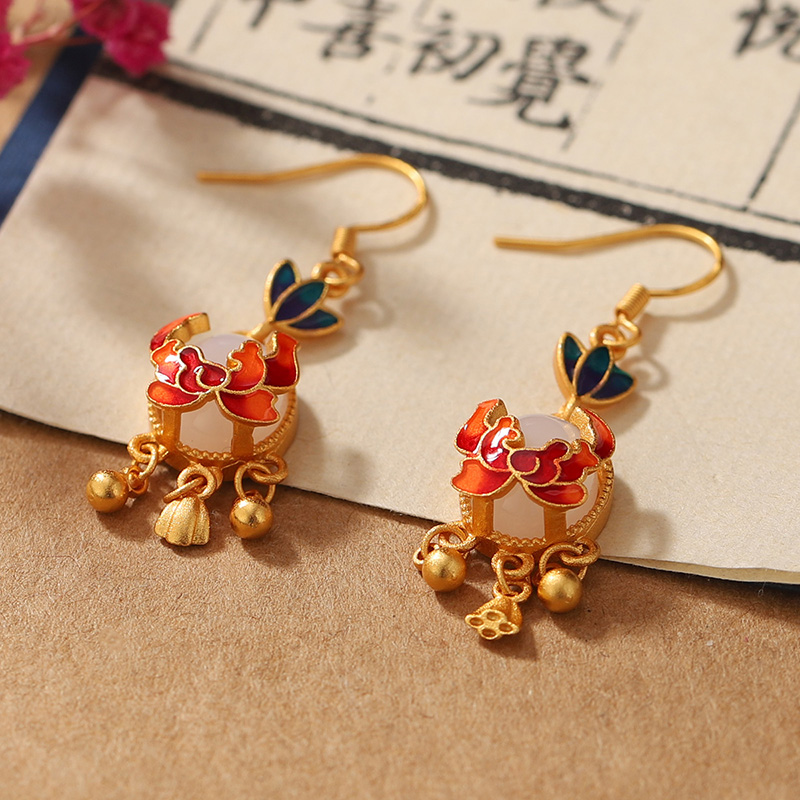1 Pair Retro Lotus Inlay Copper Rhinestones 24K Gold Plated Drop Earrings display picture 3