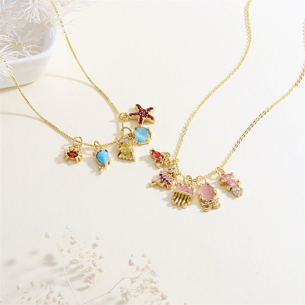 1 Piece 15*9mm Copper Zircon 18K Gold Plated Starfish Hippocampus Pendant Chain display picture 11