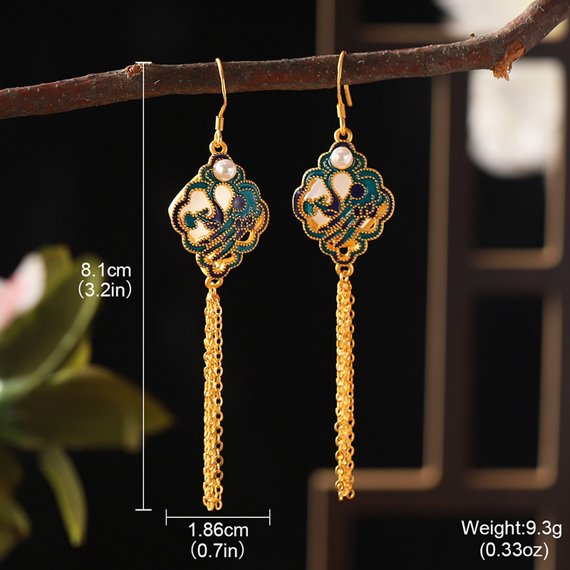 1 Pair Chinoiserie Ethnic Style Classic Style Tassel Lock Plating Inlay Copper Artificial Pearls 24K Gold Plated Drop Earrings display picture 2