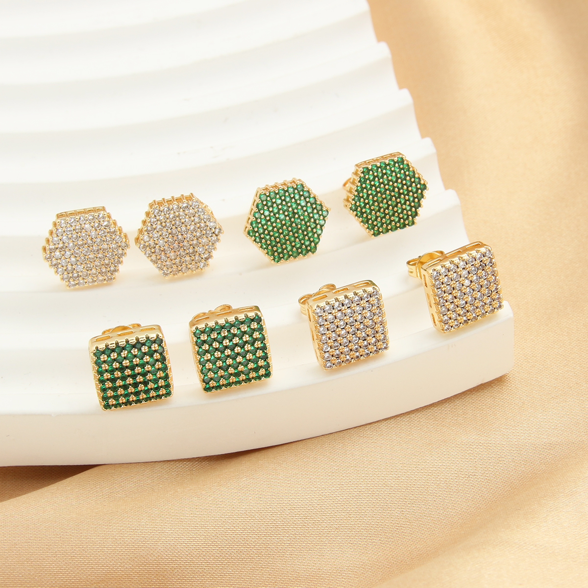 1 Pair Simple Style Commute Hexagon Square Plating Inlay Copper Zircon 18K Gold Plated Ear Studs display picture 6