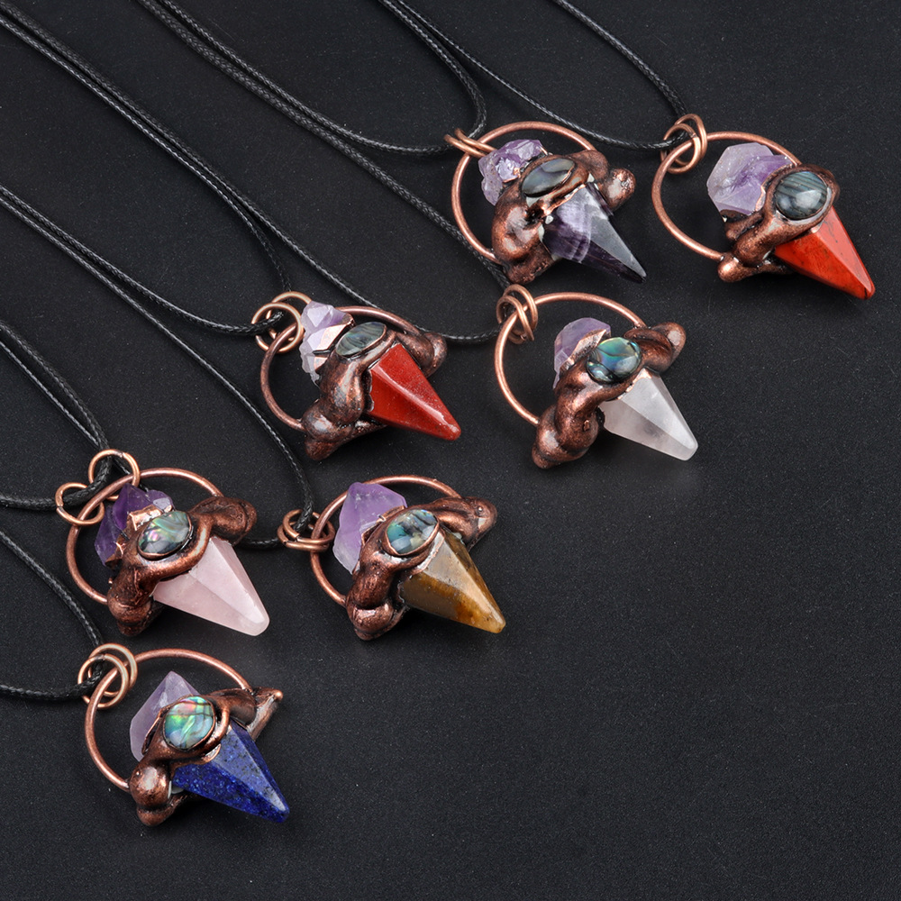Natural Stone Rope Antique Bronze Retro Inlay Conical Abalone Shell Pendant Necklace display picture 9