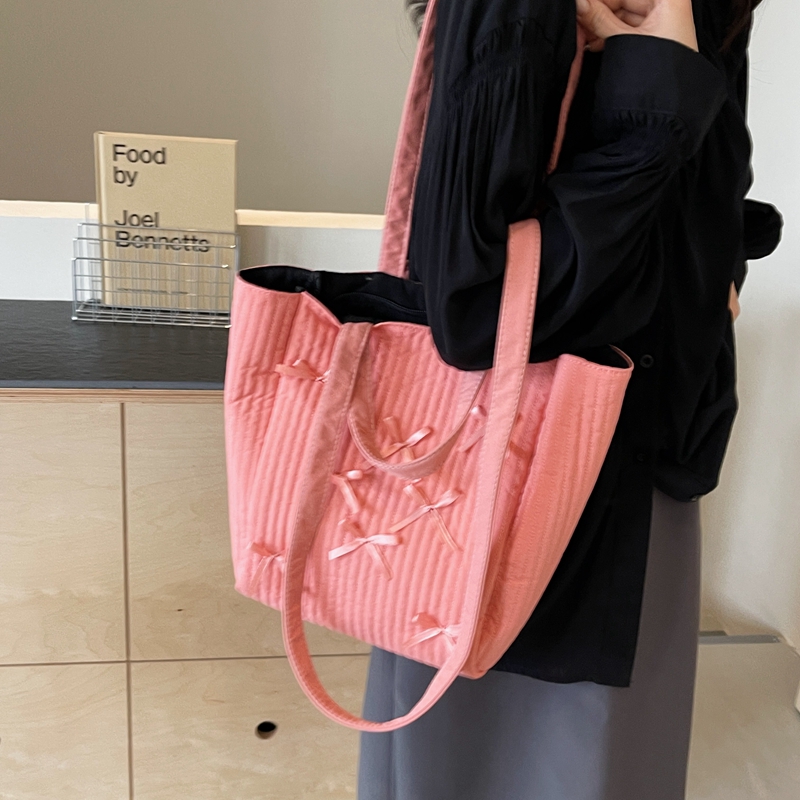 Women's Medium Cloth Solid Color Bow Knot Vintage Style Classic Style Sewing Thread Zipper Tote Bag display picture 10