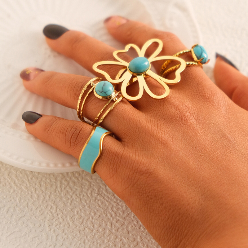 Casual Hawaiian Artistic Geometric Flower 304 Stainless Steel 14K Gold Plated Turquoise Rings In Bulk display picture 1