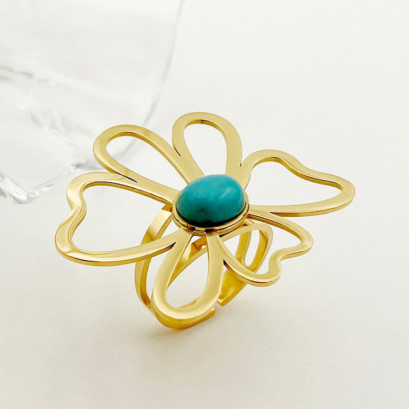 Casual Hawaiian Artistic Geometric Flower 304 Stainless Steel 14K Gold Plated Turquoise Rings In Bulk display picture 2