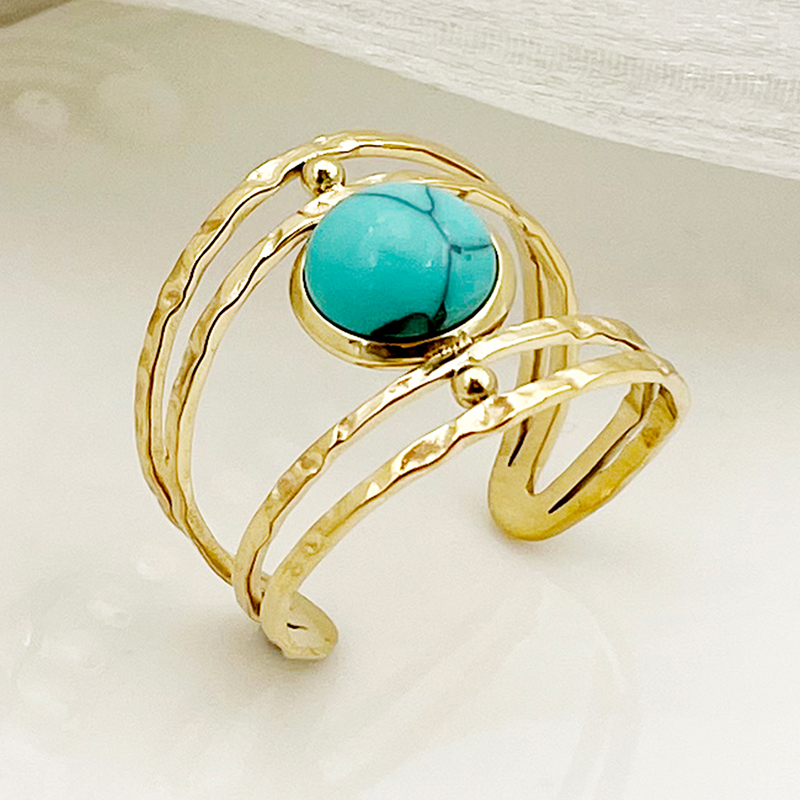 Casual Hawaiian Artistic Geometric Flower 304 Stainless Steel 14K Gold Plated Turquoise Rings In Bulk display picture 3
