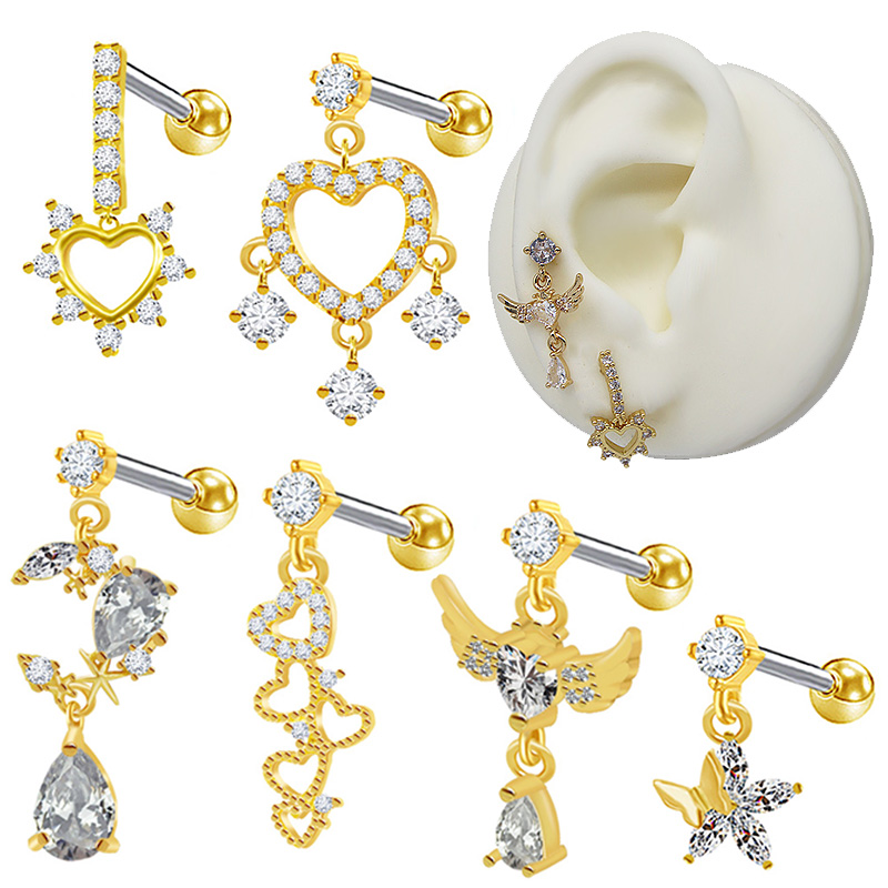 1 Piece Ear Cartilage Rings & Studs Sweet Simple Style Star Moon Heart Shape 316 Stainless Steel  Copper Hollow Out Inlay Rhinestones Glass Zircon Gold Plated Ear Cartilage Rings & Studs display picture 15