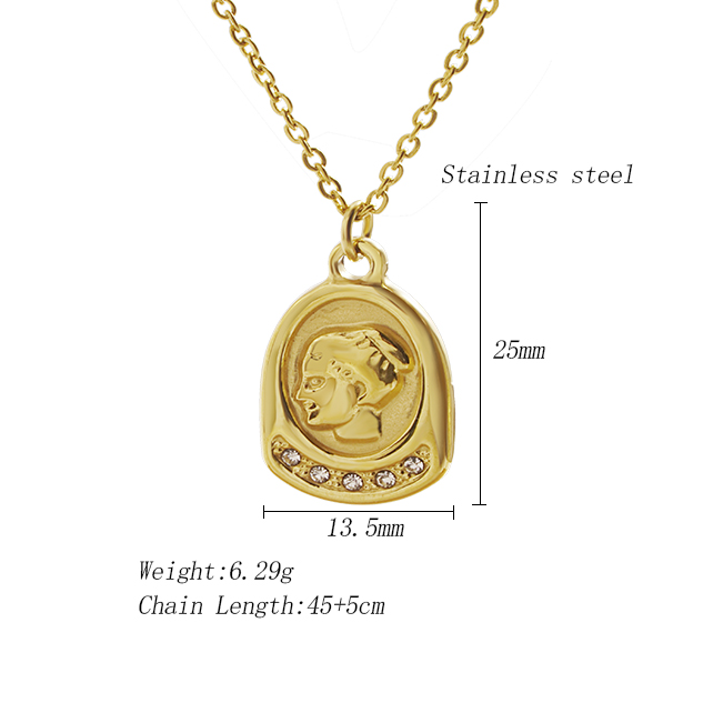 304 Stainless Steel 18K Gold Plated IG Style Vintage Style Plating Inlay Portrait Rhinestones Pendant Necklace display picture 1