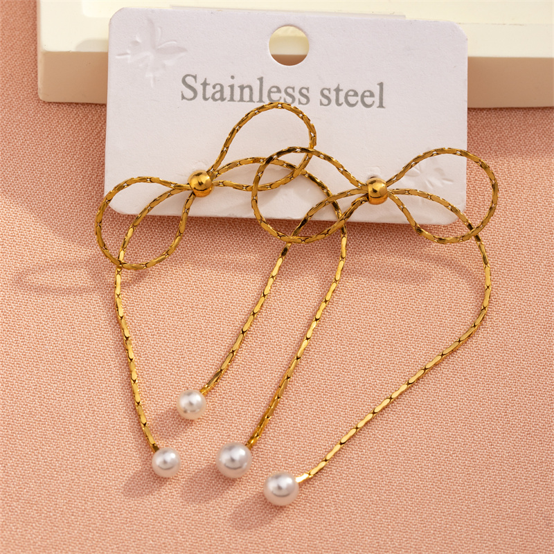 1 Pair Casual Sweet Bow Knot Plating Inlay 304 Stainless Steel Artificial Pearls 18K Gold Plated Ear Studs display picture 2