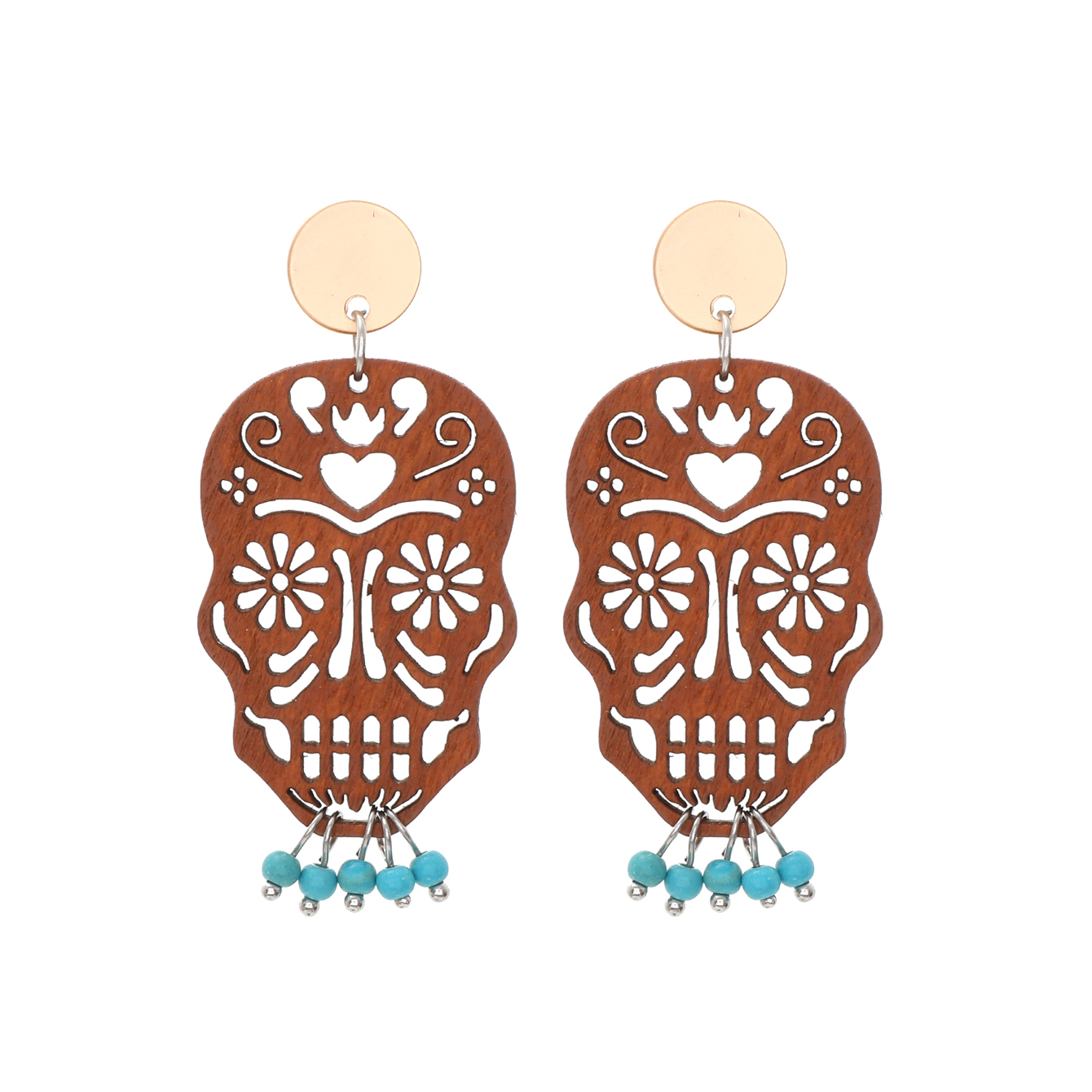 1 Pair Vintage Style Ethnic Style Geometric Skull Hollow Out Wood Drop Earrings display picture 4