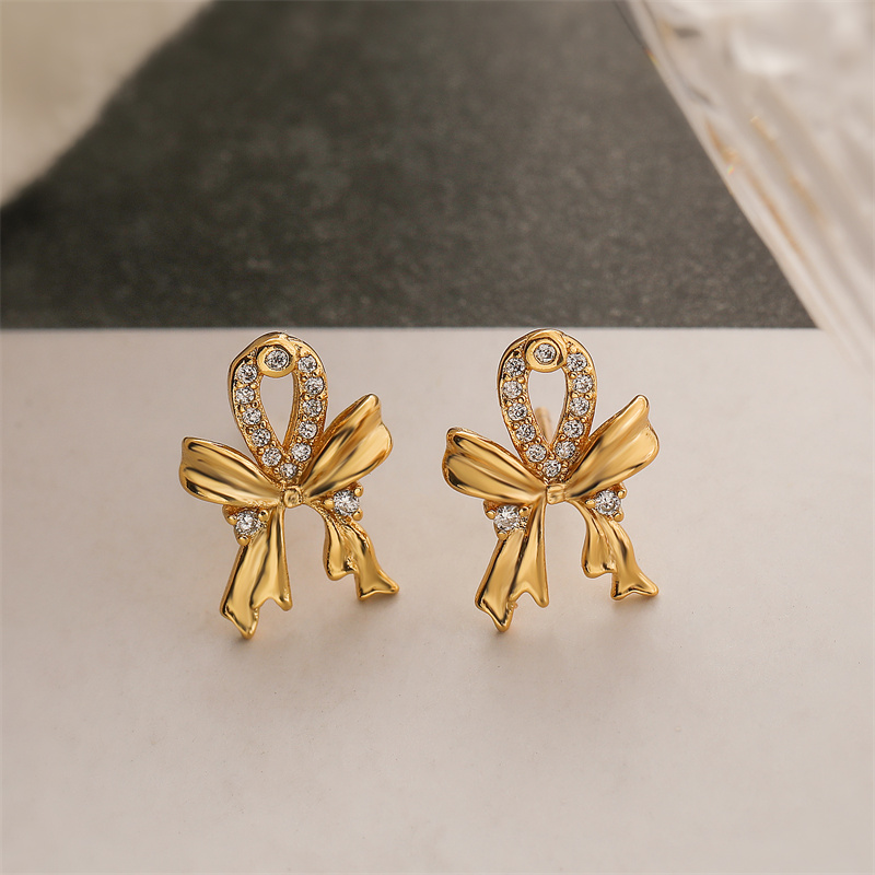 1 Paire Élégant Vêtement De Rue Papillon Noeud D'Arc Placage Incruster Le Cuivre Strass Boucles D'Oreilles display picture 4