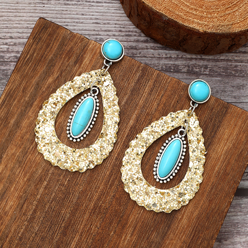 1 Pair Simple Style Shiny Water Droplets Hollow Out Inlay Pu Leather Alloy Turquoise Drop Earrings display picture 2