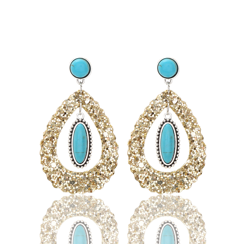1 Pair Simple Style Shiny Water Droplets Hollow Out Inlay Pu Leather Alloy Turquoise Drop Earrings display picture 3