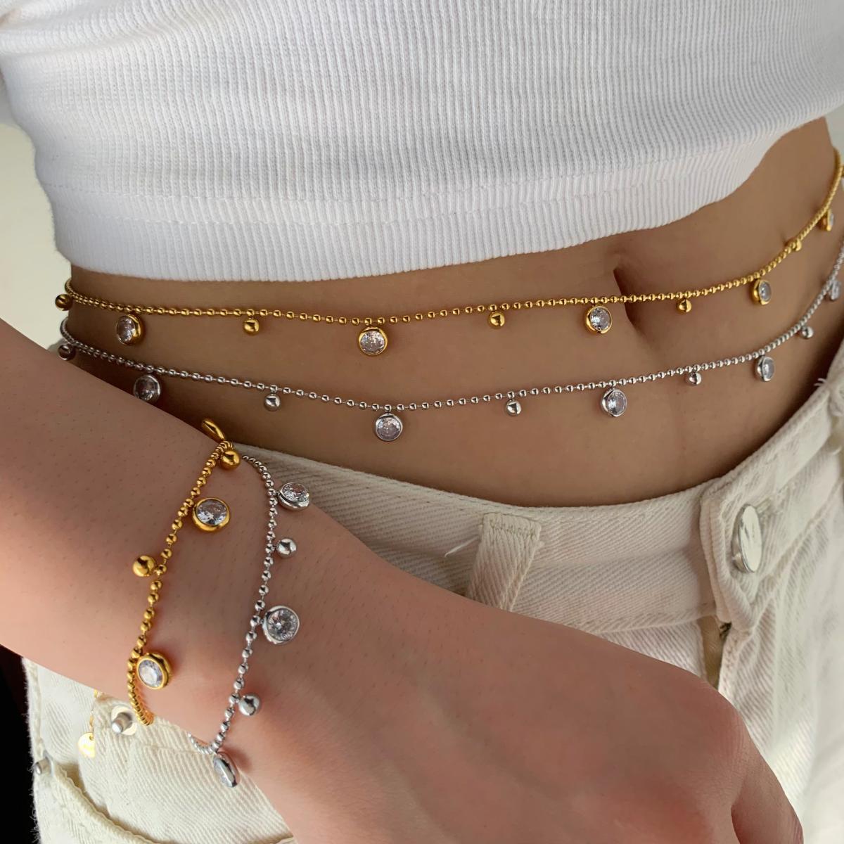 304 Stainless Steel 16K Gold Plated White Gold Plated Gold Plated Lady Vacation Streetwear Inlay Geometric Zircon Bracelets Waist Chain Necklace display picture 2