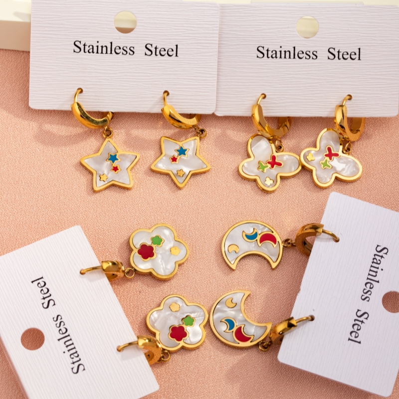 1 Pair Casual Sweet Simple Style Pentagram Geometric Butterfly Enamel Plating Inlay 304 Stainless Steel Resin Shell 18K Gold Plated Drop Earrings display picture 1