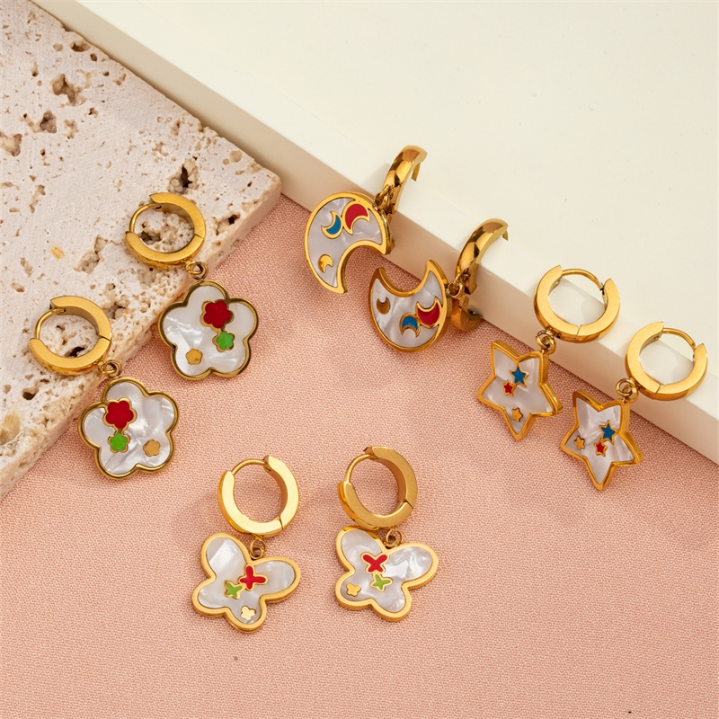 1 Pair Casual Sweet Simple Style Pentagram Geometric Butterfly Enamel Plating Inlay 304 Stainless Steel Resin Shell 18K Gold Plated Drop Earrings display picture 3