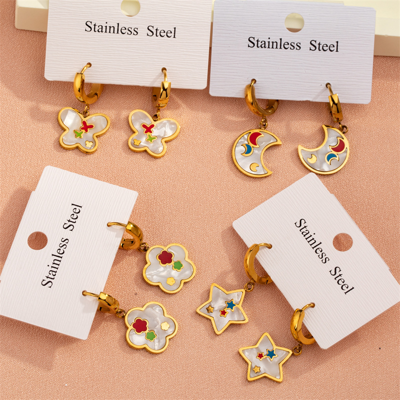 1 Pair Casual Sweet Simple Style Pentagram Geometric Butterfly Enamel Plating Inlay 304 Stainless Steel Resin Shell 18K Gold Plated Drop Earrings display picture 2