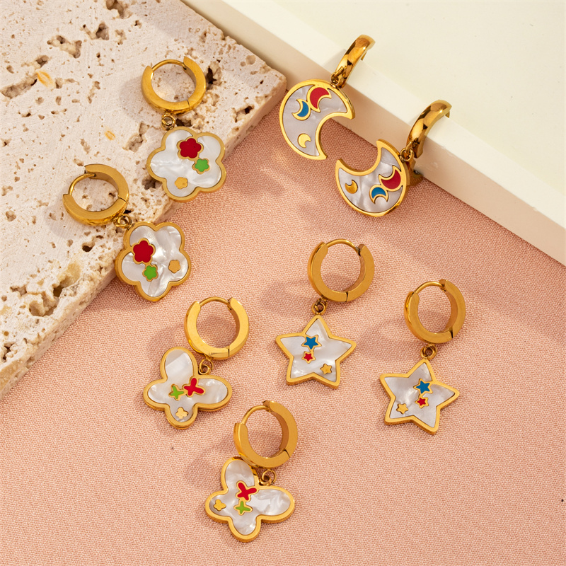1 Pair Casual Sweet Simple Style Pentagram Geometric Butterfly Enamel Plating Inlay 304 Stainless Steel Resin Shell 18K Gold Plated Drop Earrings display picture 6