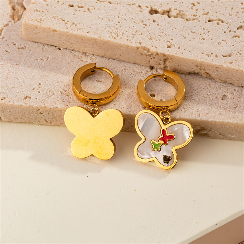 1 Pair Casual Sweet Simple Style Pentagram Geometric Butterfly Enamel Plating Inlay 304 Stainless Steel Resin Shell 18K Gold Plated Drop Earrings display picture 11