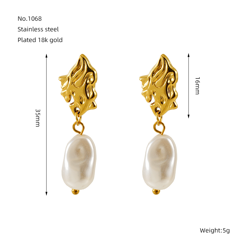 1 Pair Elegant Simple Style Solid Color Plating Inlay 304 Stainless Steel Titanium Steel Artificial Pearls 18K Gold Plated Drop Earrings display picture 4